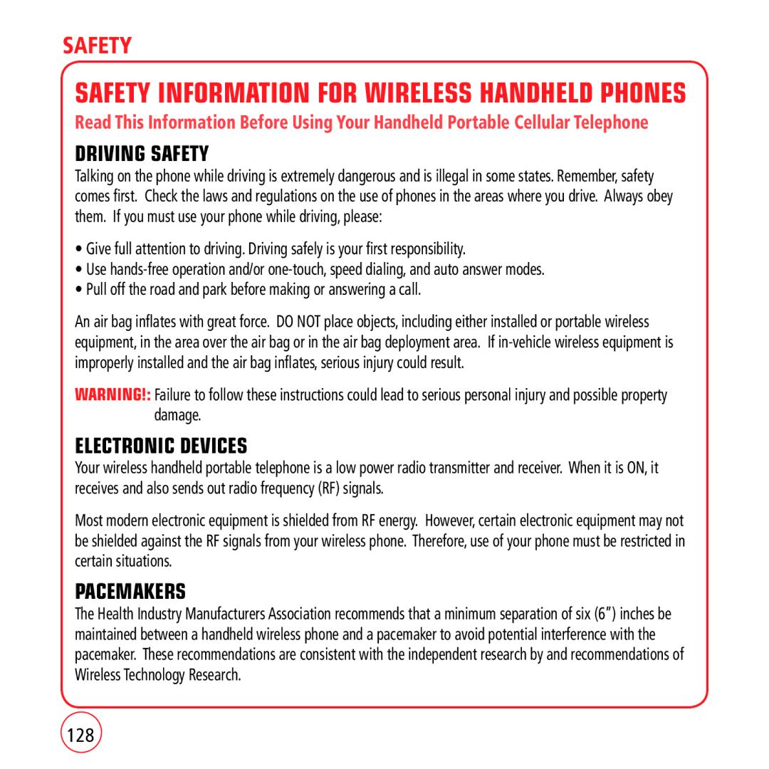 Kyocera VM1450 manual Driving Safety, Electronic Devices, Pacemakers, 128 