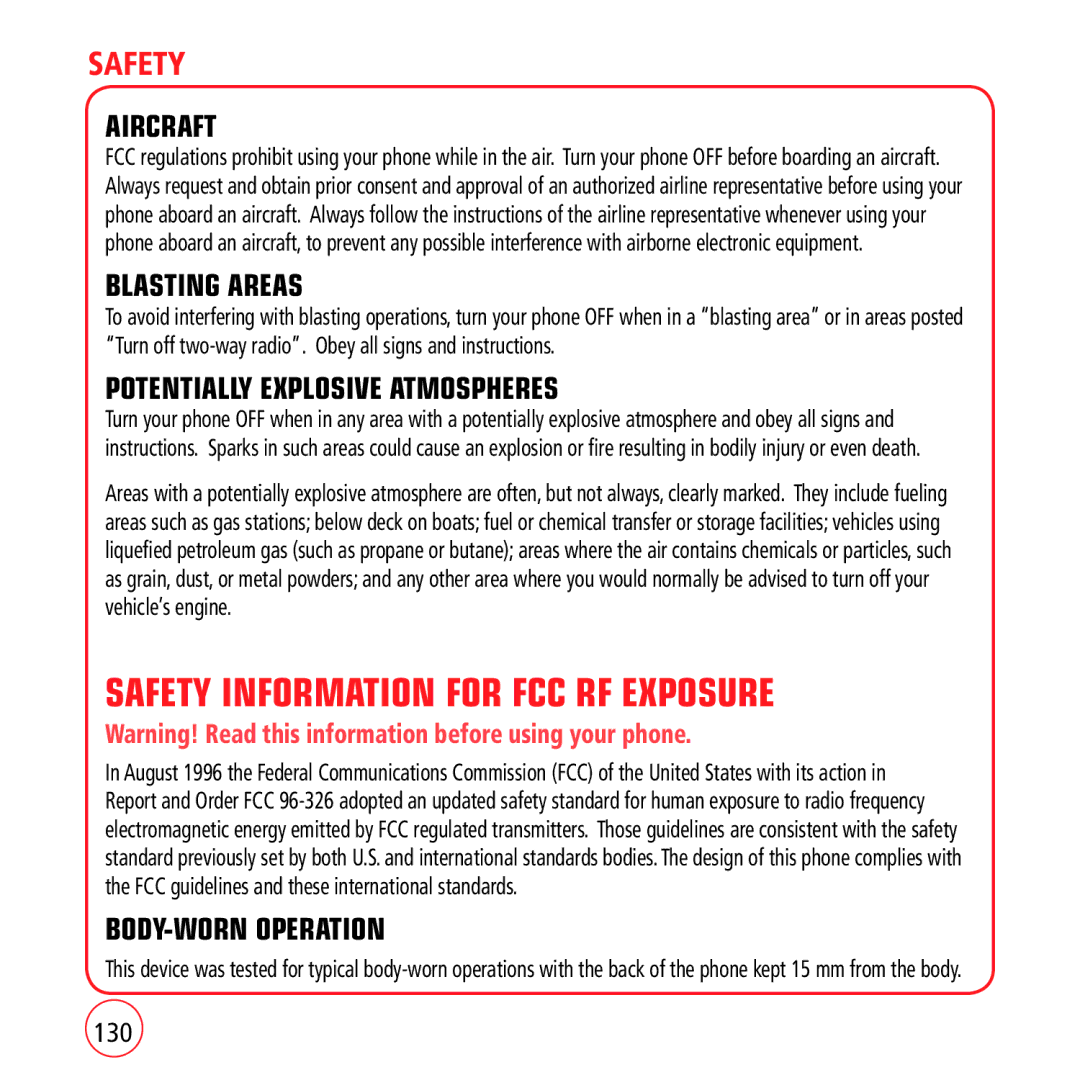 Kyocera VM1450 manual Safety Information for FCC RF Exposure, Aircraft, Blasting Areas, Potentially Explosive Atmospheres 