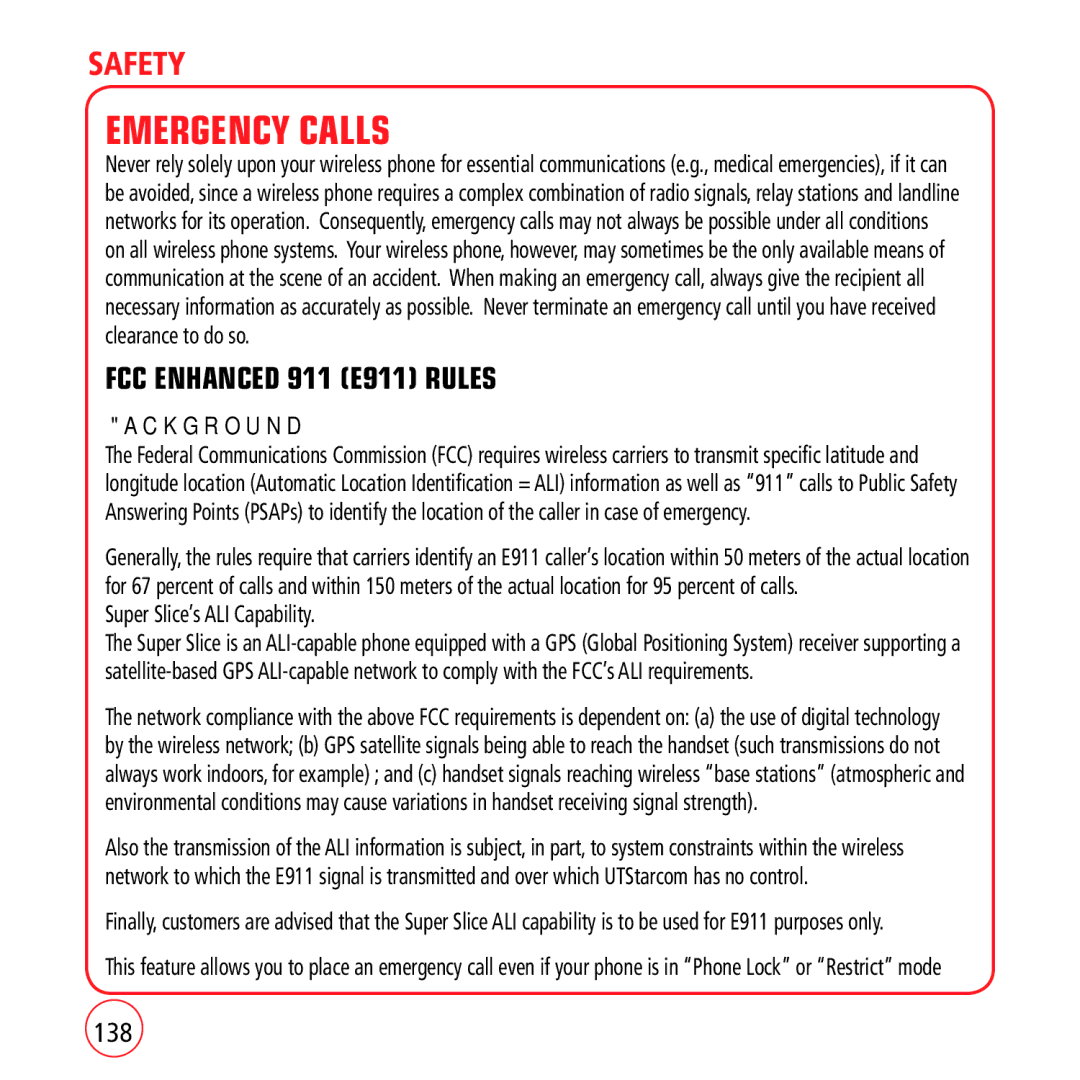 Kyocera VM1450 manual Emergency Calls, FCC Enhanced 911 E911 Rules, 138 