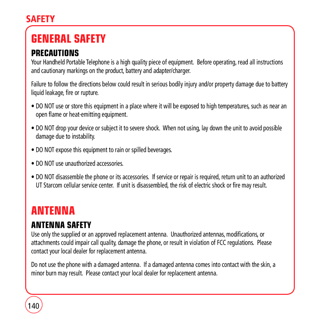 Kyocera VM1450 manual General Safety, Precautions, Antenna Safety, 140 