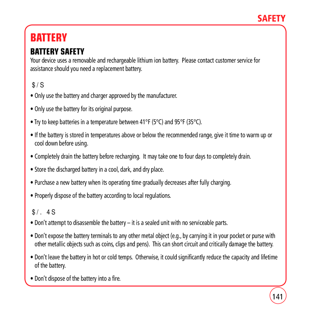 Kyocera VM1450 manual Battery Safety, 141 