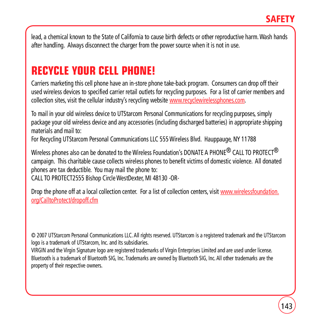 Kyocera VM1450 manual Recycle Your Cell Phone, 143 