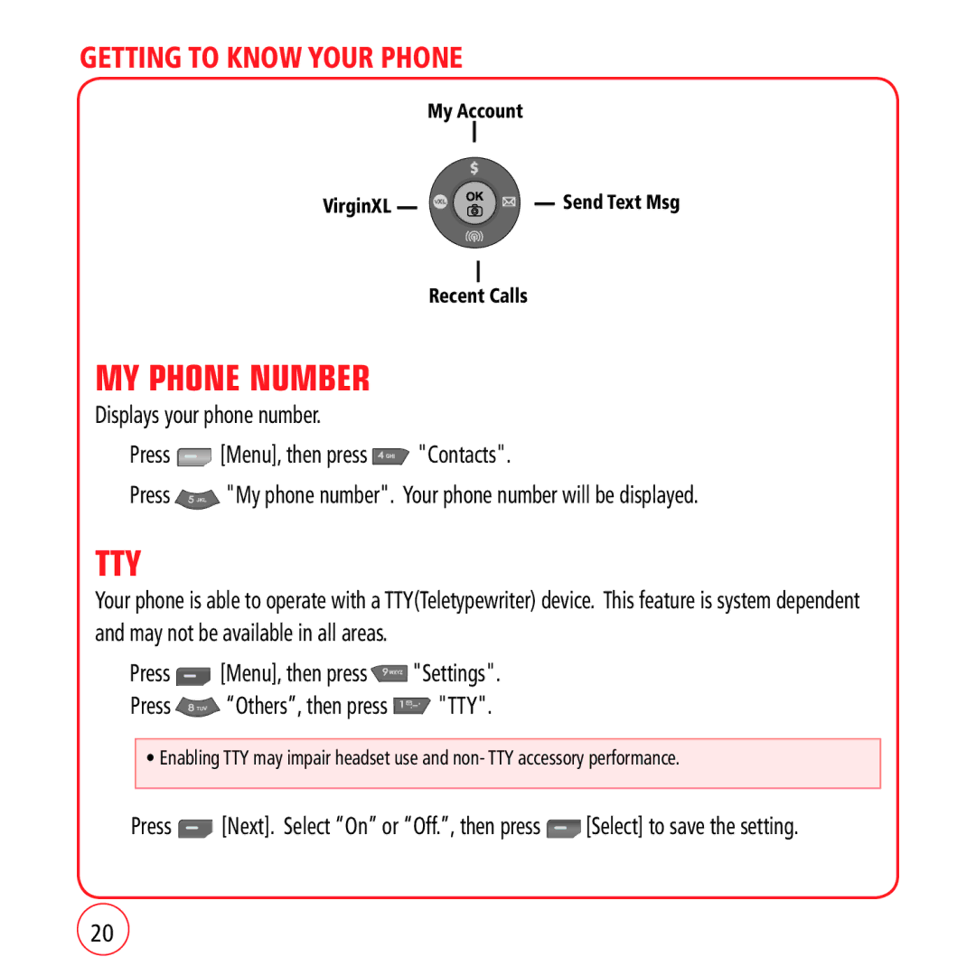 Kyocera VM1450 manual MY Phone Number, Tty, My Account VirginXL Send Text Msg Recent Calls 