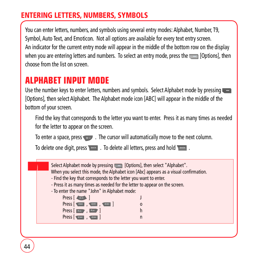 Kyocera VM1450 manual Alphabet Input Mode, Entering LETTERS, NUMBERS, Symbols 