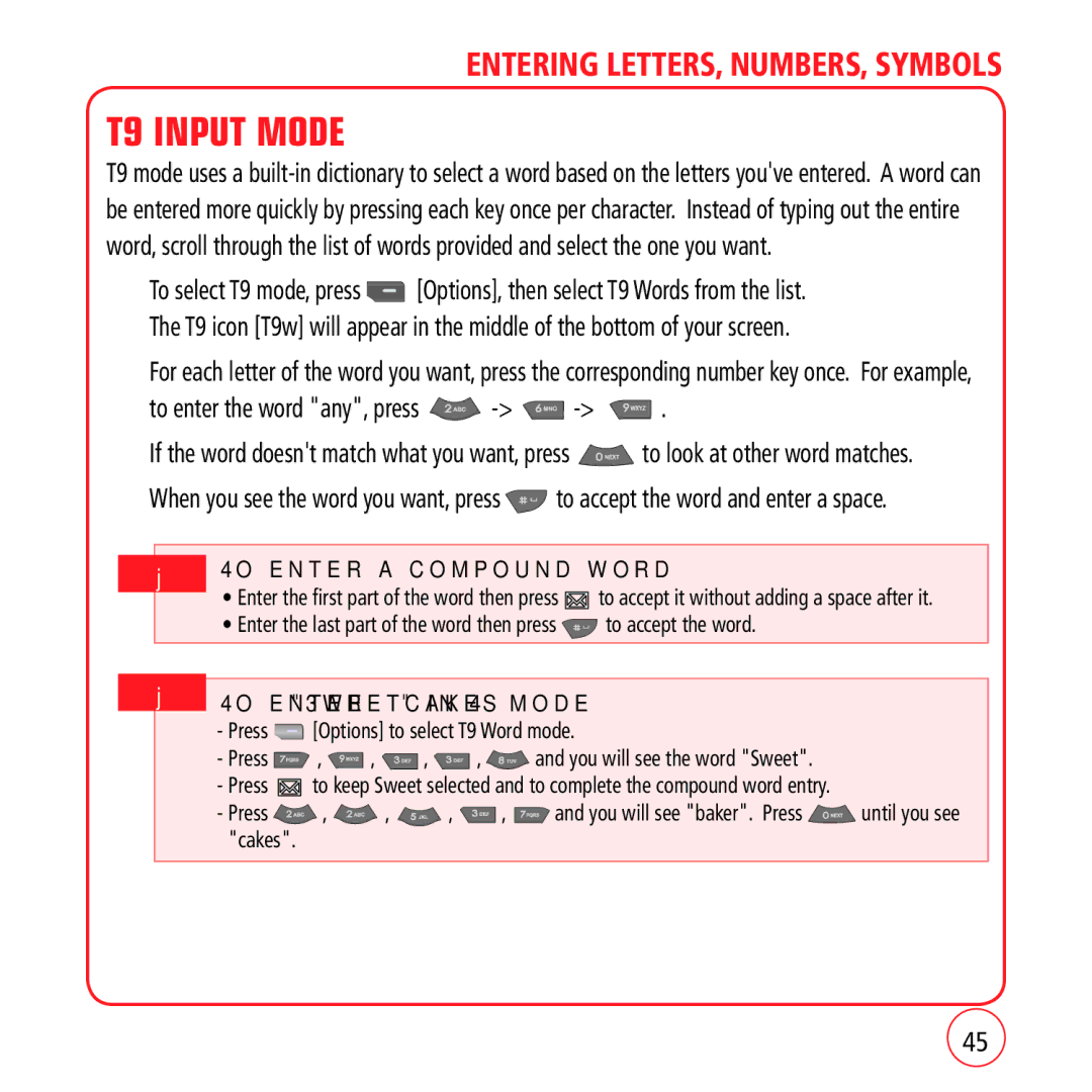 Kyocera VM1450 manual T9 Input Mode, To enter the word any, press, To enter a compound word 