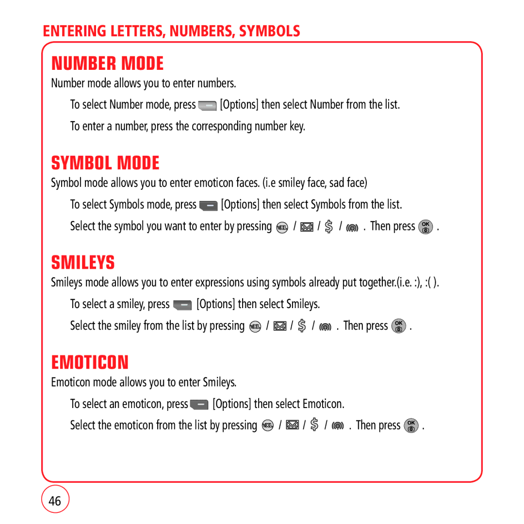 Kyocera VM1450 manual Number Mode, Symbol Mode, Smileys, Emoticon 