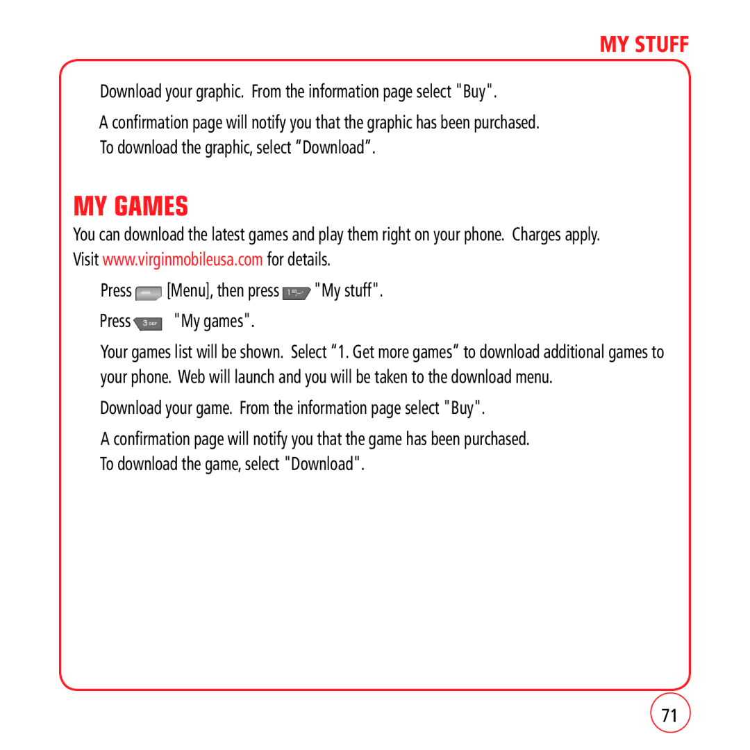 Kyocera VM1450 manual MY Games, Download your graphic. From the information page select Buy 