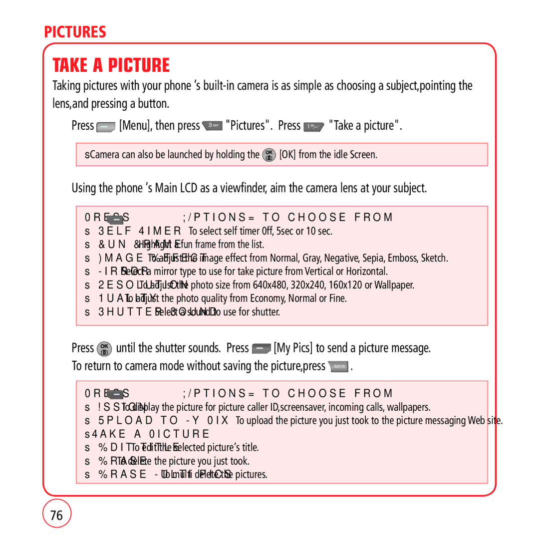 Kyocera VM1450 manual Take a Picture, To return to camera mode without saving the picture,press, Press 