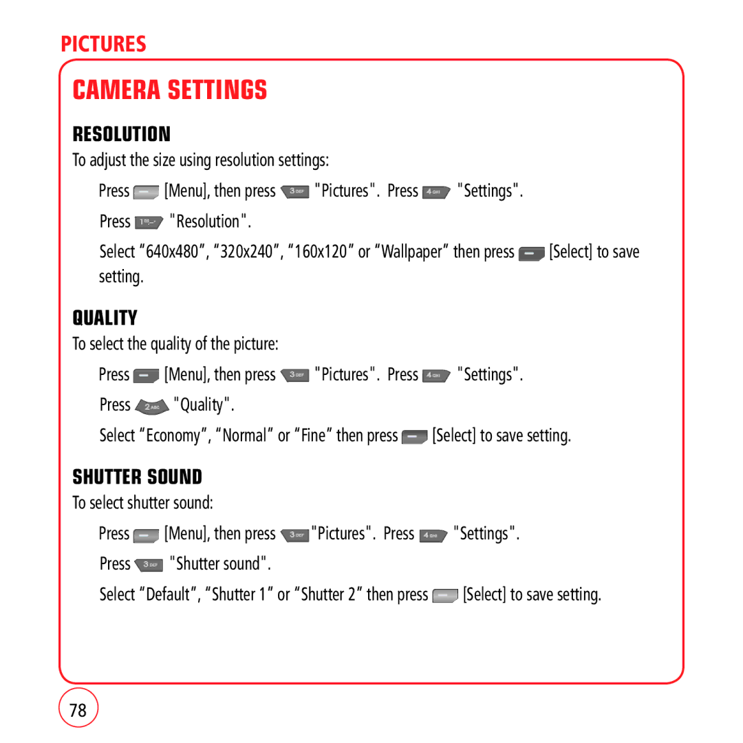 Kyocera VM1450 manual Camera Settings, Resolution, Quality, Shutter Sound 