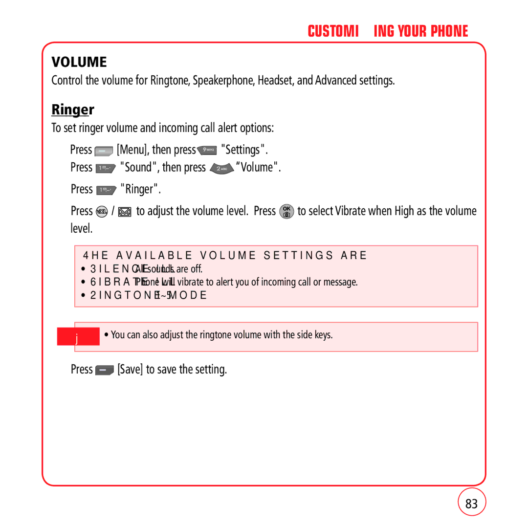 Kyocera VM1450 manual Volume, Ringer, Available volume settings are, Ringtone mode 1~5 