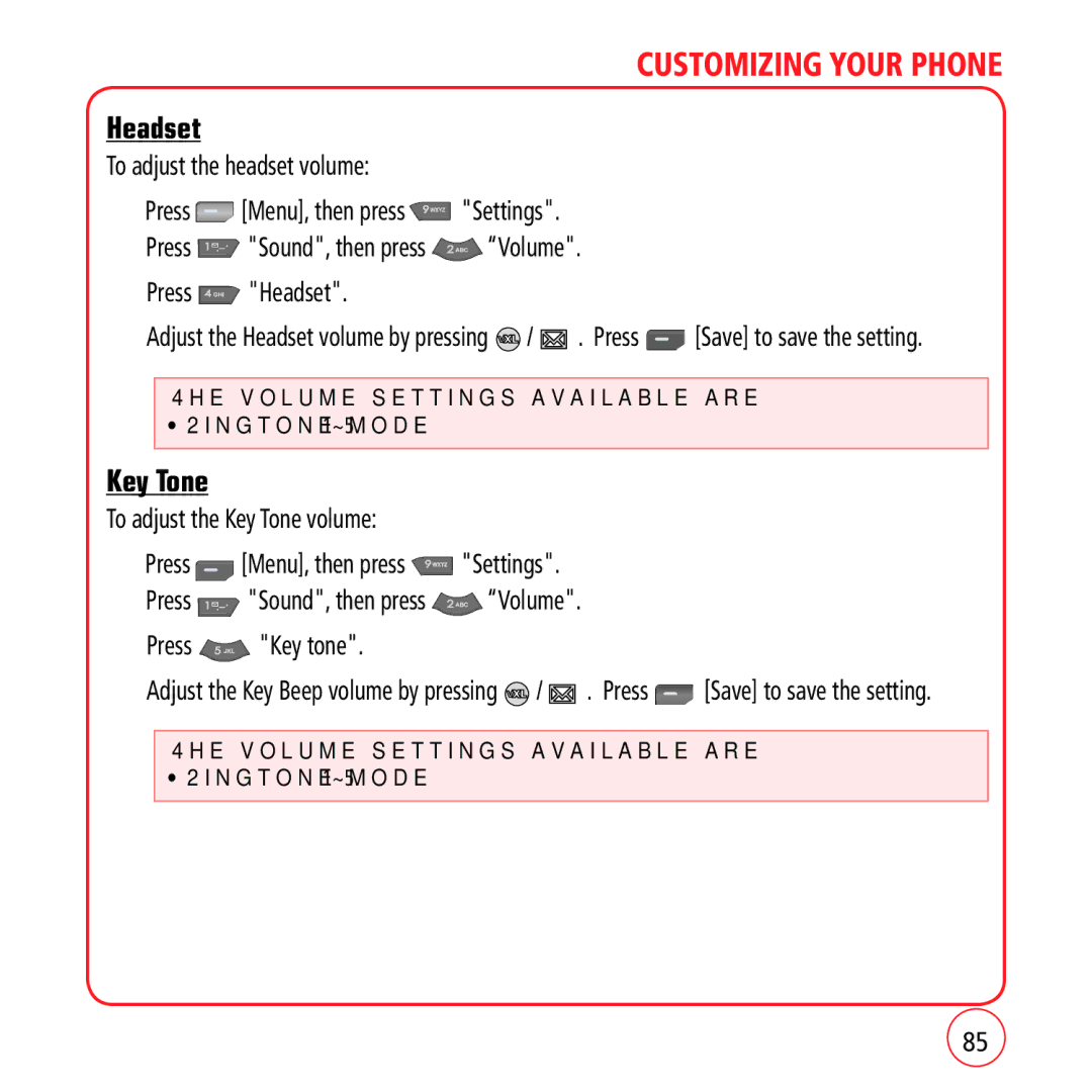 Kyocera VM1450 manual Headset, Key Tone 