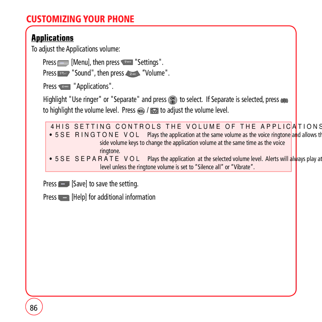 Kyocera VM1450 manual Applications, This setting controls the volume of the applications 