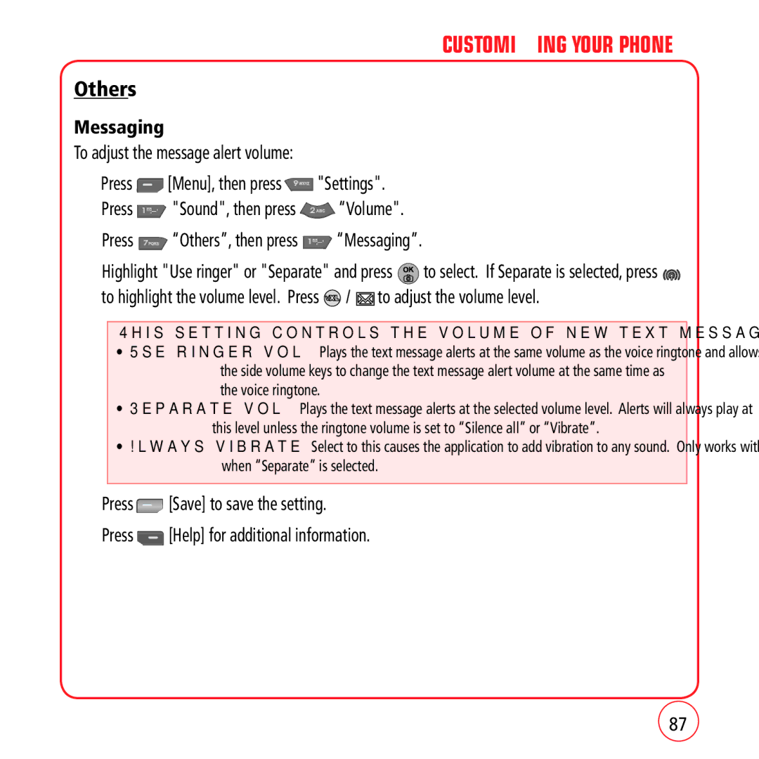 Kyocera VM1450 manual Others, This setting controls the volume of new text message alerts 