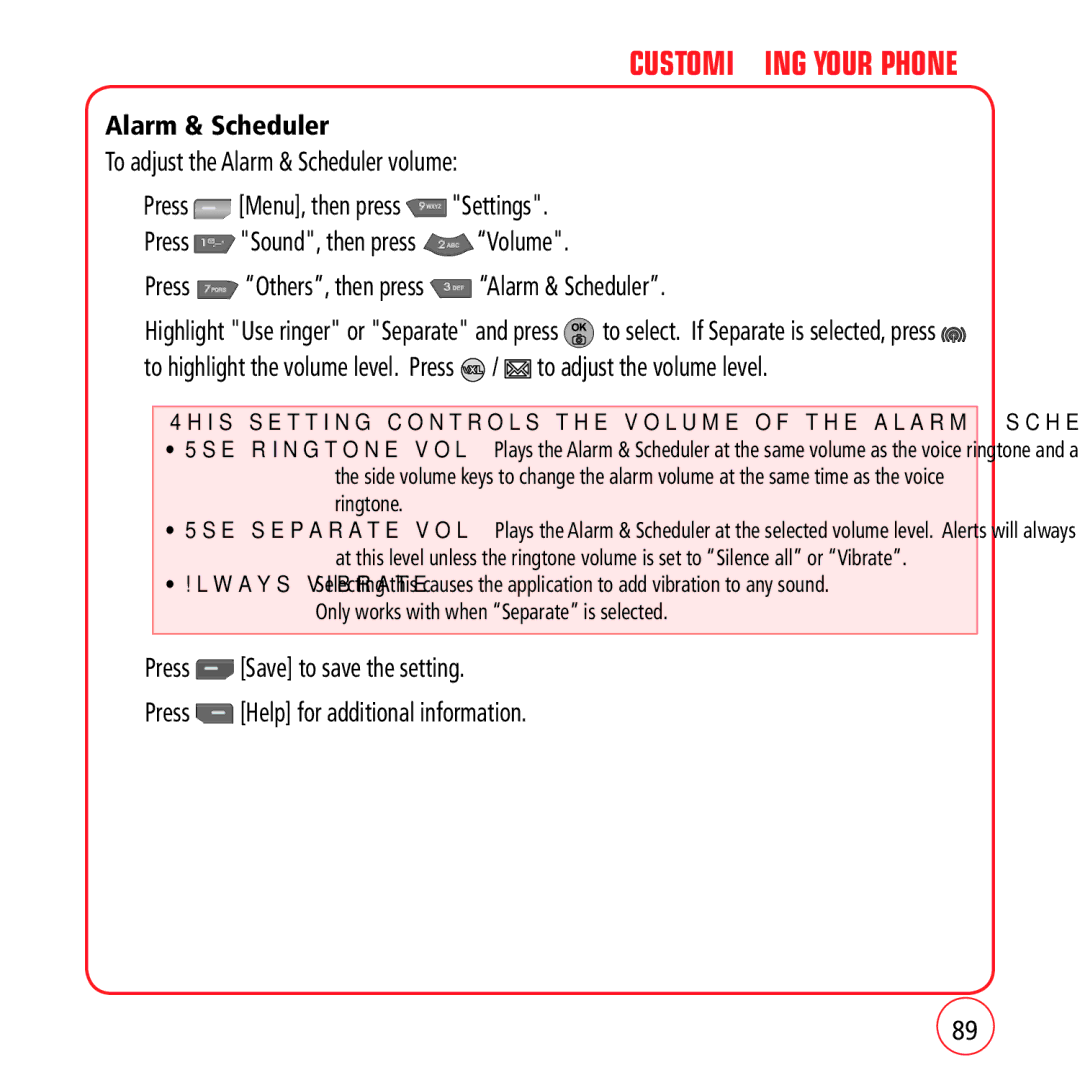 Kyocera VM1450 manual Alarm & Scheduler, This setting controls the volume of the alarm & scheduler 