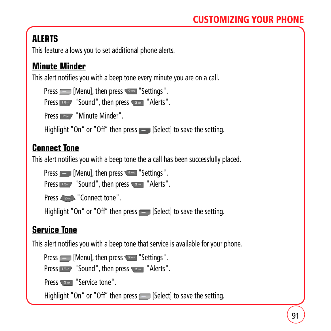 Kyocera VM1450 Alerts, Minute Minder, Connect Tone, Service Tone, This feature allows you to set additional phone alerts 