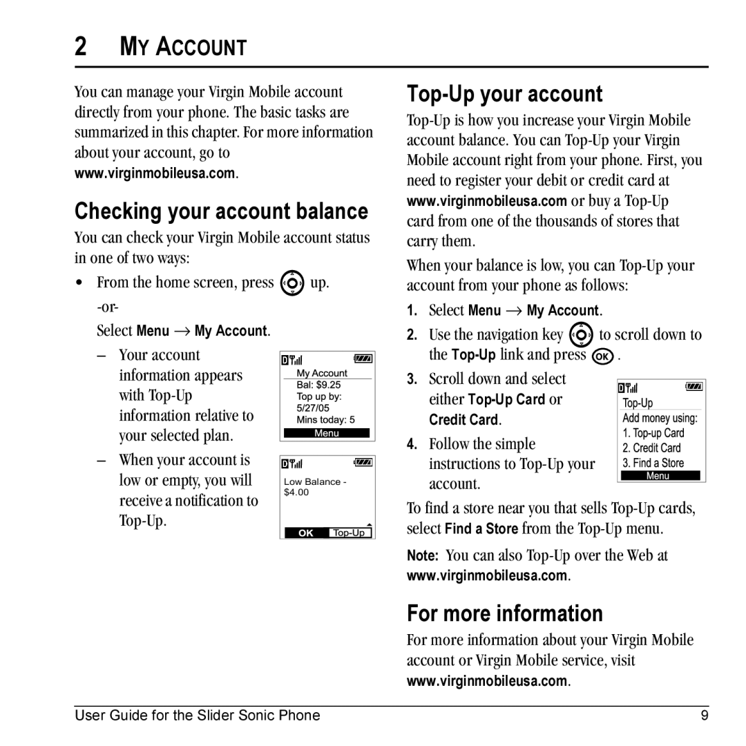 Kyocera VMKX5C manual Checking your account balance, Top-Up your account, For more information, MY Account 