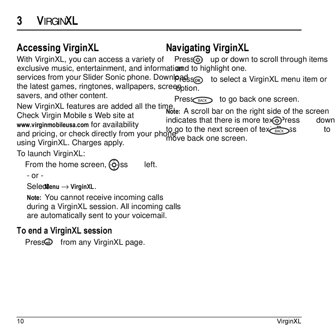 Kyocera VMKX5C manual Accessing VirginXL, Navigating VirginXL, Virginxl, To end a VirginXL session 