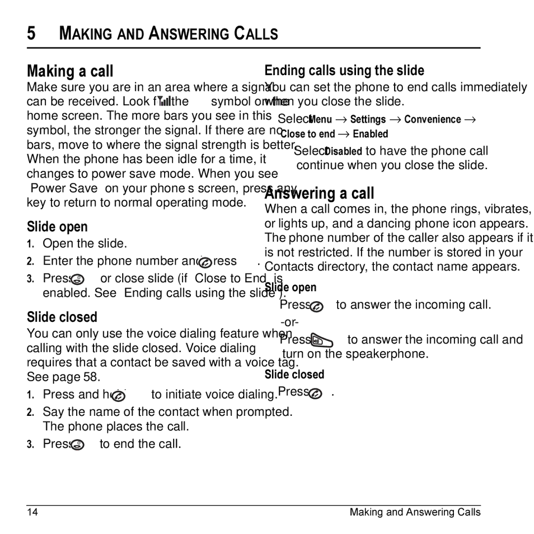 Kyocera VMKX5C manual Making a call, Answering a call, Making and Answering Calls, Ending calls using the slide 