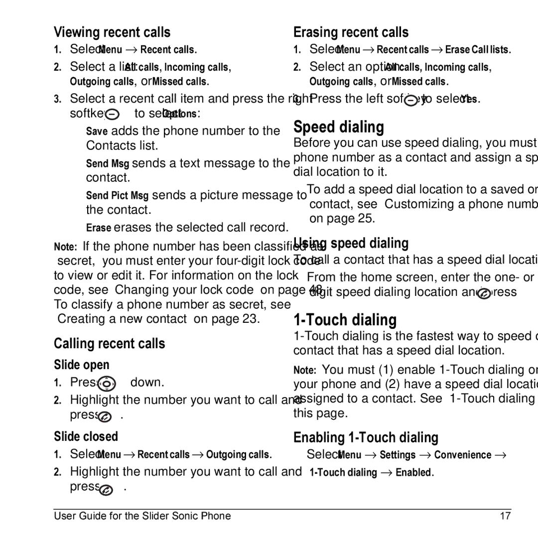 Kyocera VMKX5C manual Speed dialing, Touch dialing 