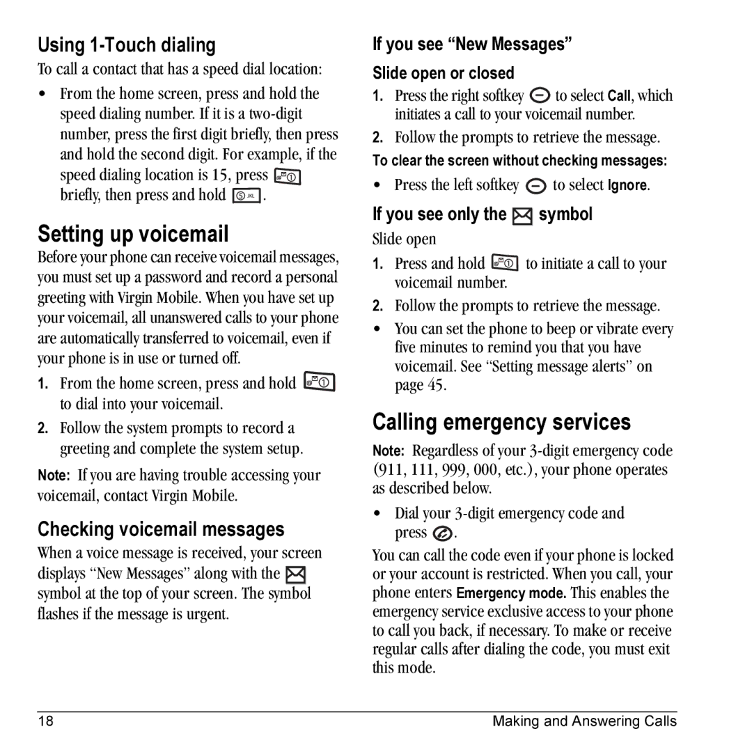 Kyocera VMKX5C manual Setting up voicemail, Calling emergency services, Using 1-Touch dialing, Checking voicemail messages 