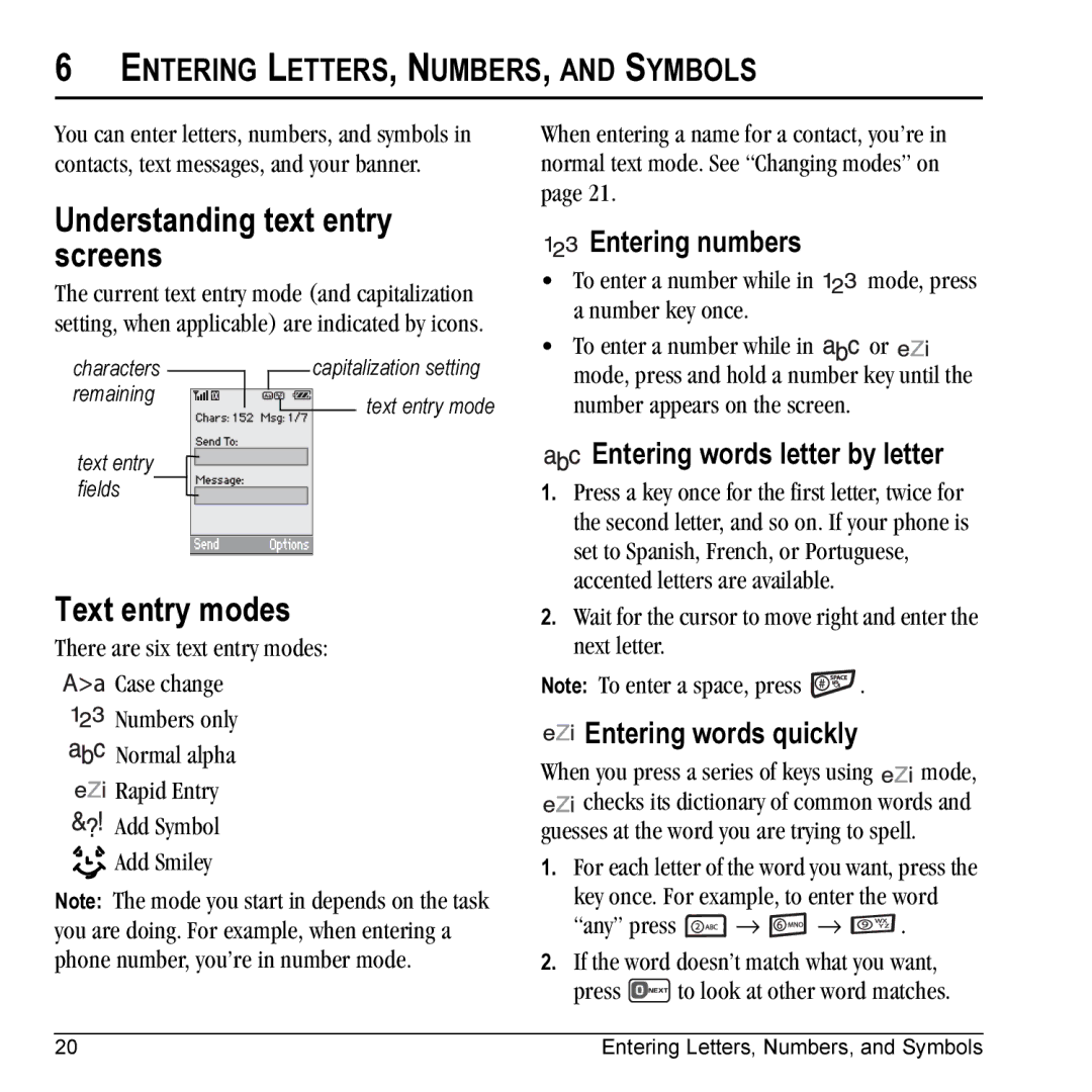 Kyocera VMKX5C manual Understanding text entry screens, Text entry modes, Entering LETTERS, NUMBERS, and Symbols 