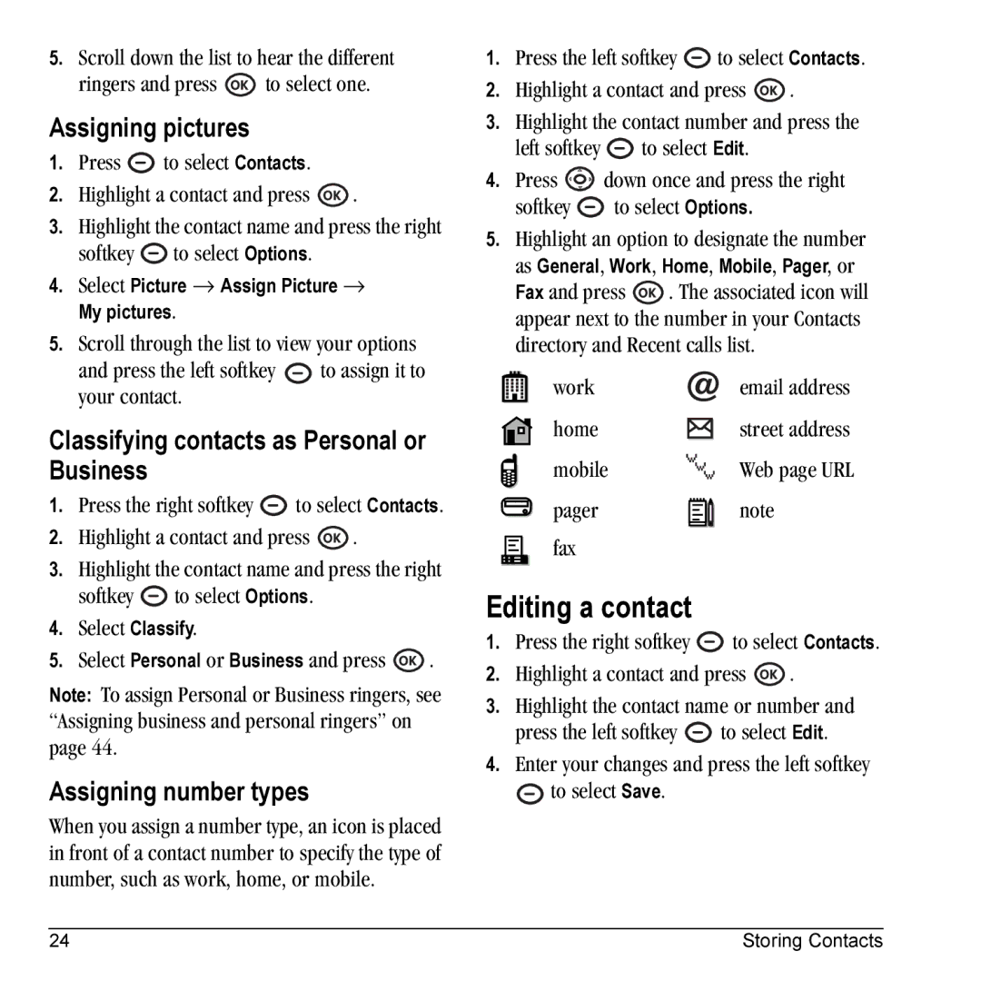 Kyocera VMKX5C Editing a contact, Assigning pictures, Classifying contacts as Personal or Business, Assigning number types 