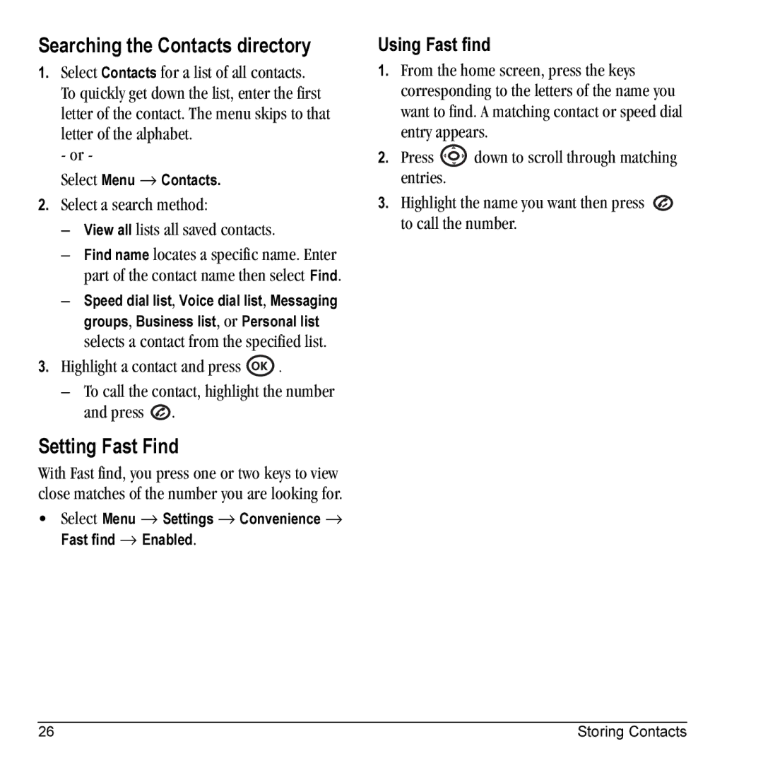 Kyocera VMKX5C manual Searching the Contacts directory, Setting Fast Find, Using Fast find 