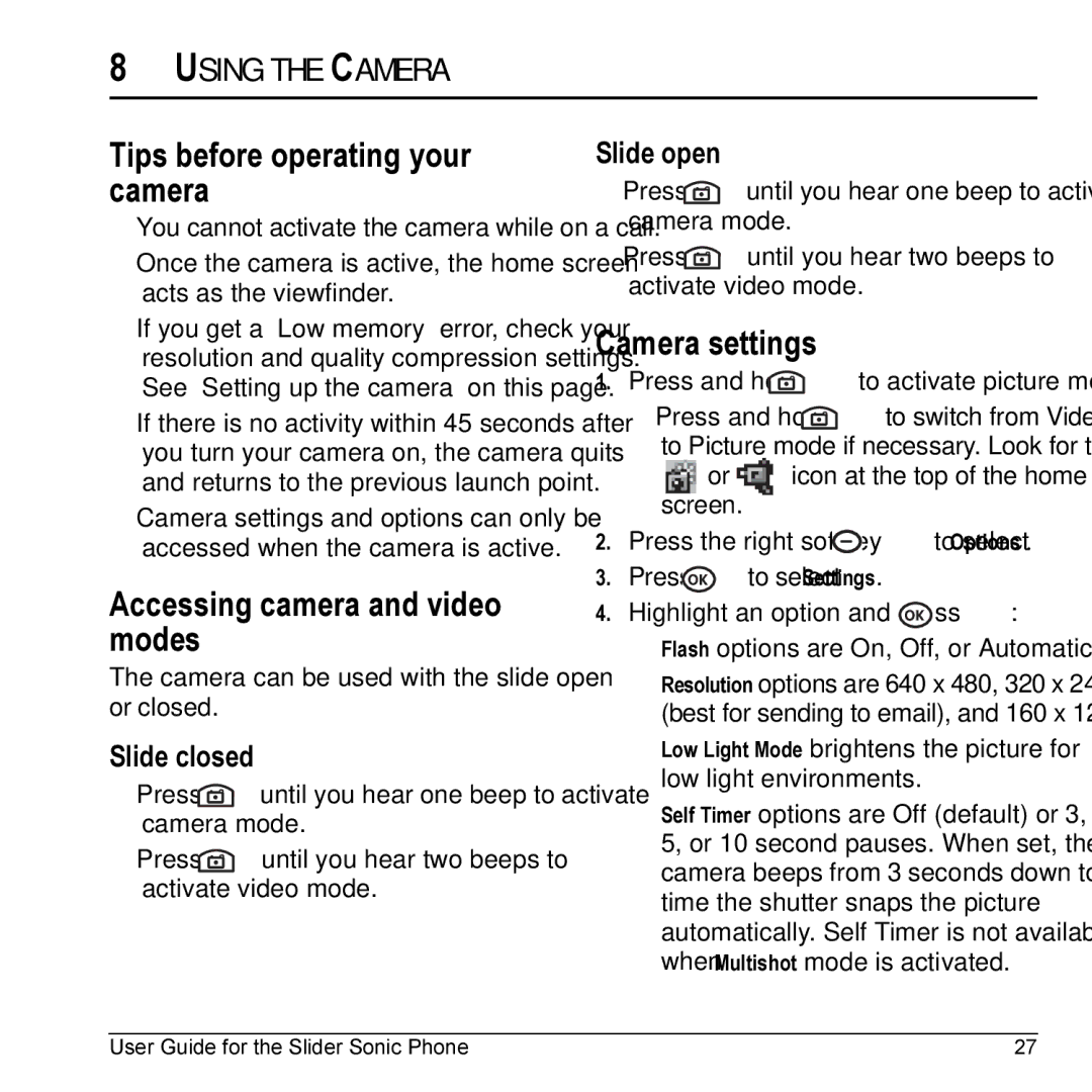 Kyocera VMKX5C Tips before operating your camera, Accessing camera and video modes, Camera settings, Using the Camera 