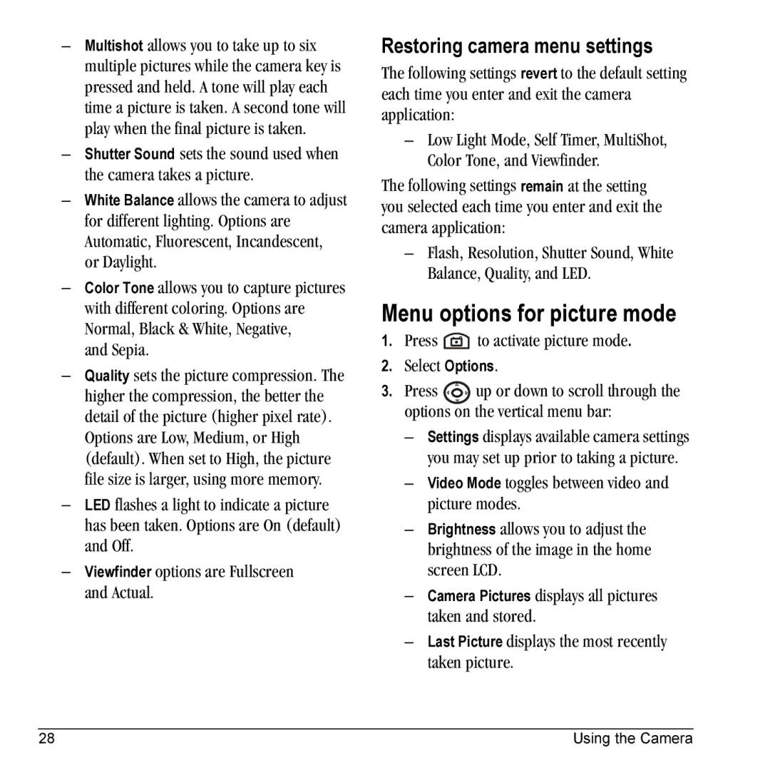 Kyocera VMKX5C manual Menu options for picture mode, Restoring camera menu settings, Sepia 