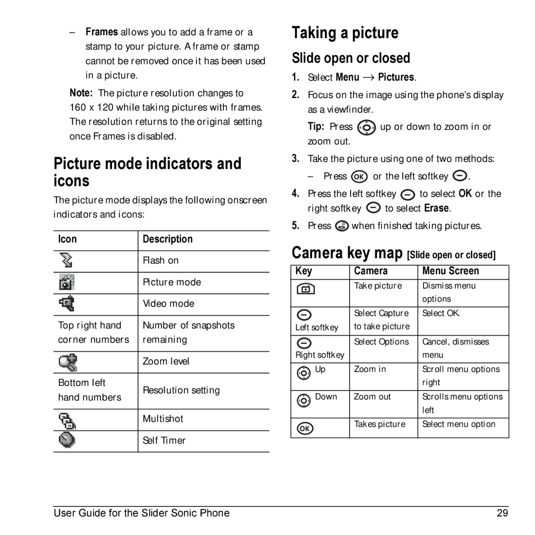 Kyocera VMKX5C manual Picture mode indicators and icons, Taking a picture, Slide open or closed 