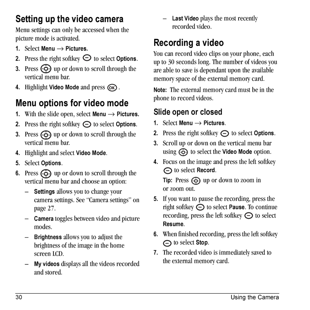 Kyocera VMKX5C manual Setting up the video camera, Menu options for video mode, Recording a video 