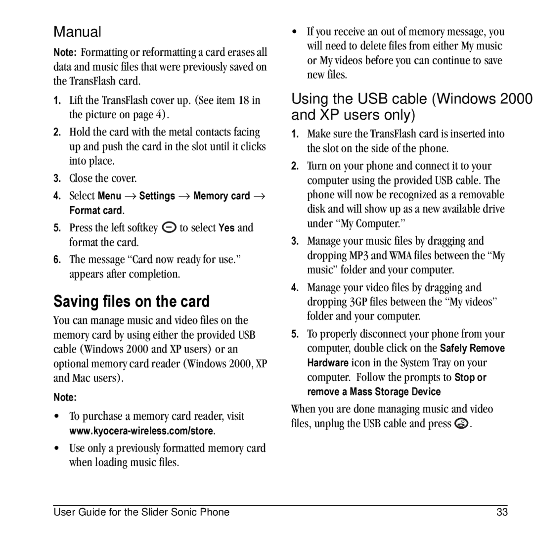 Kyocera VMKX5C manual Saving files on the card, Manual, Using the USB cable Windows 2000 and XP users only 