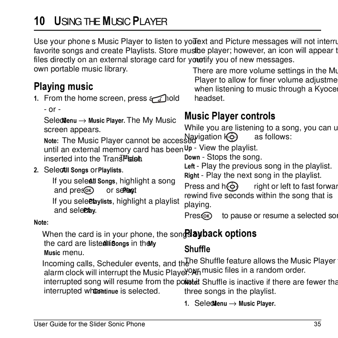 Kyocera VMKX5C manual Playing music, Music Player controls, Playback options, Using the Music Player, Shuffle 