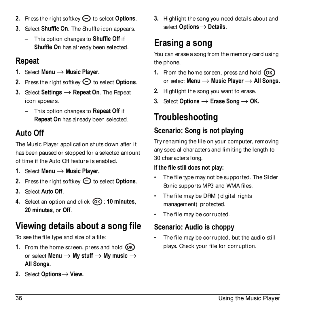 Kyocera VMKX5C manual Viewing details about a song file, Erasing a song, Troubleshooting, Repeat, Auto Off 