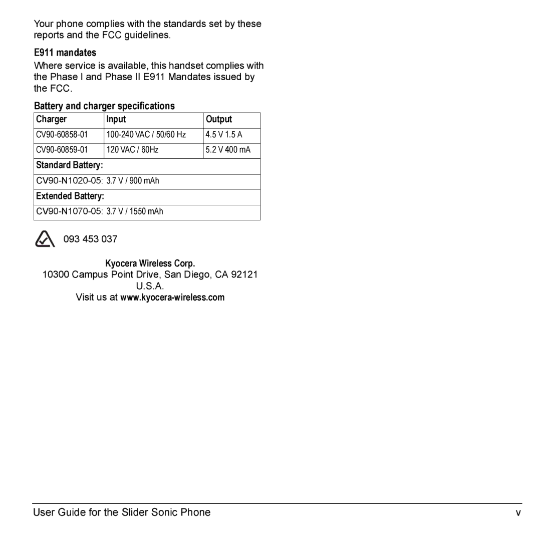 Kyocera VMKX5C manual Standard Battery 