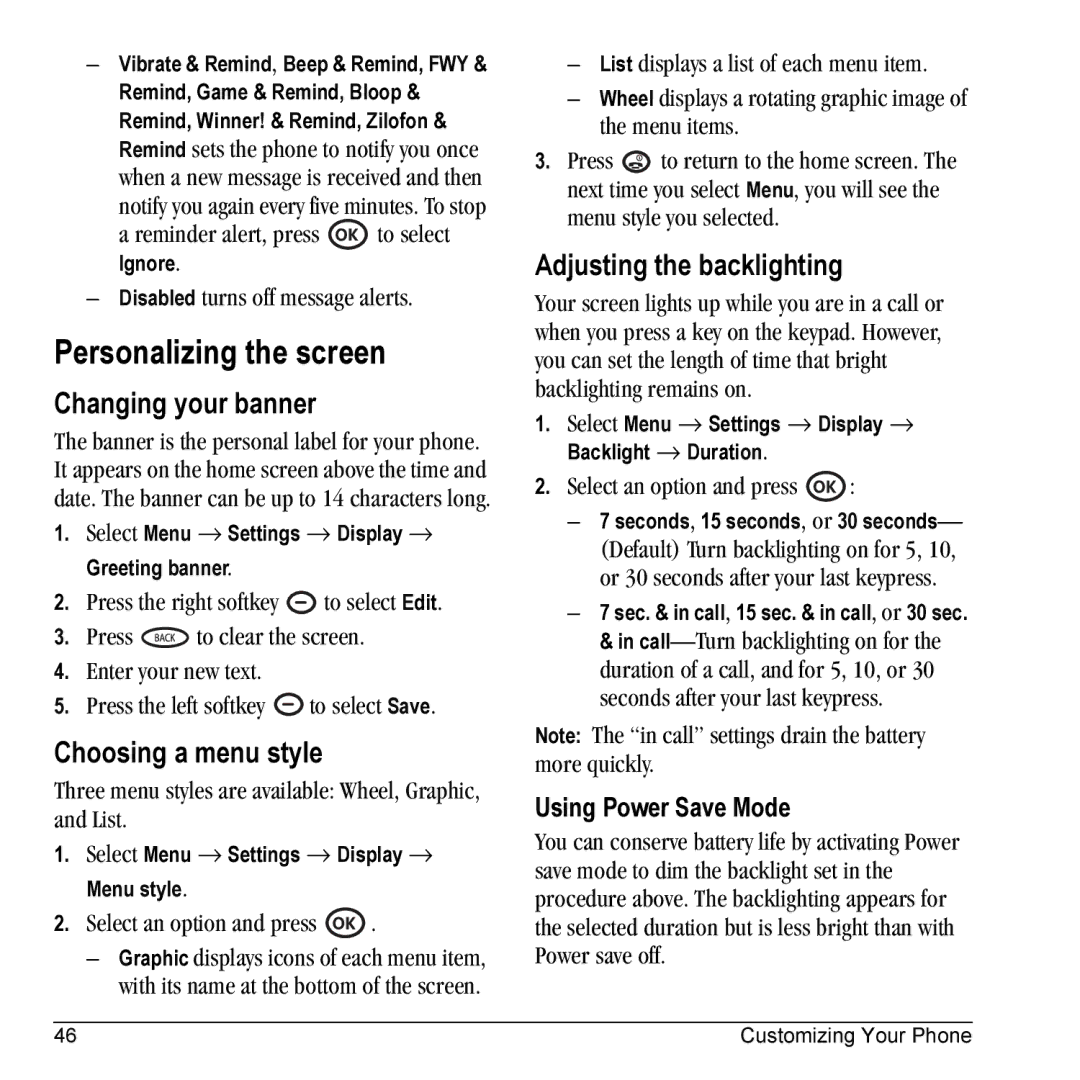 Kyocera VMKX5C manual Personalizing the screen, Changing your banner, Choosing a menu style, Adjusting the backlighting 