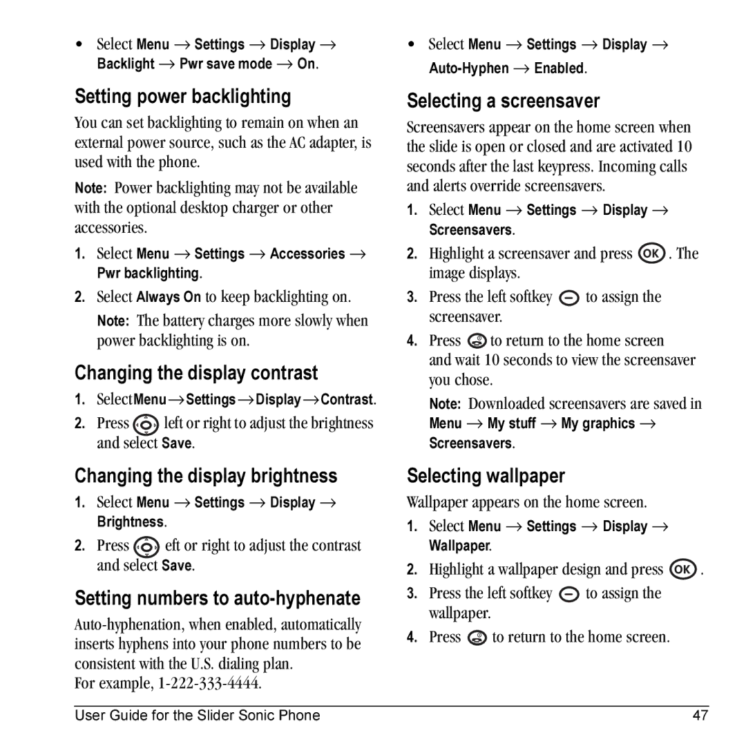 Kyocera VMKX5C manual Setting power backlighting, Changing the display contrast, Changing the display brightness 