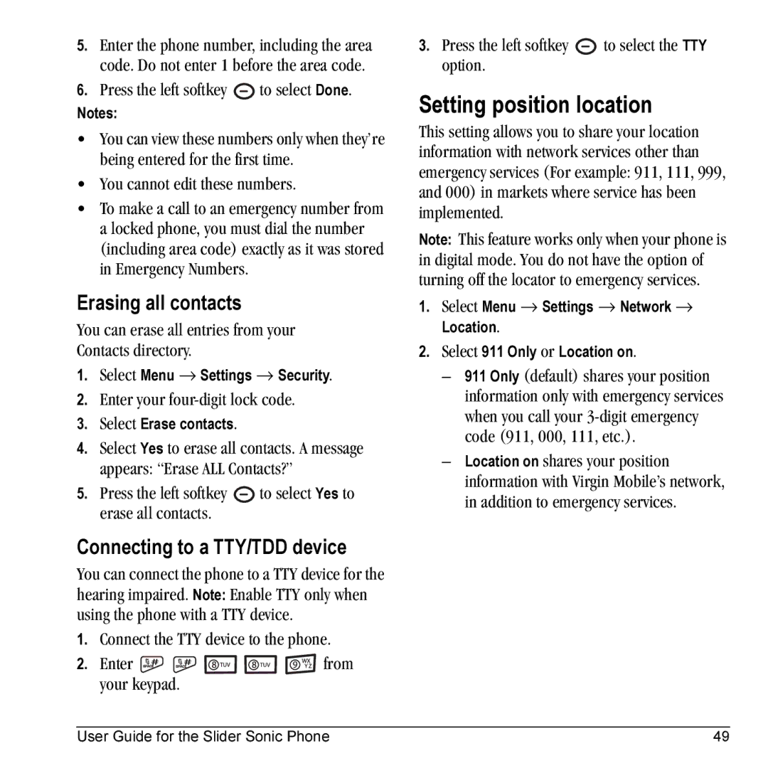 Kyocera VMKX5C manual Setting position location, Erasing all contacts, Connecting to a TTY/TDD device 