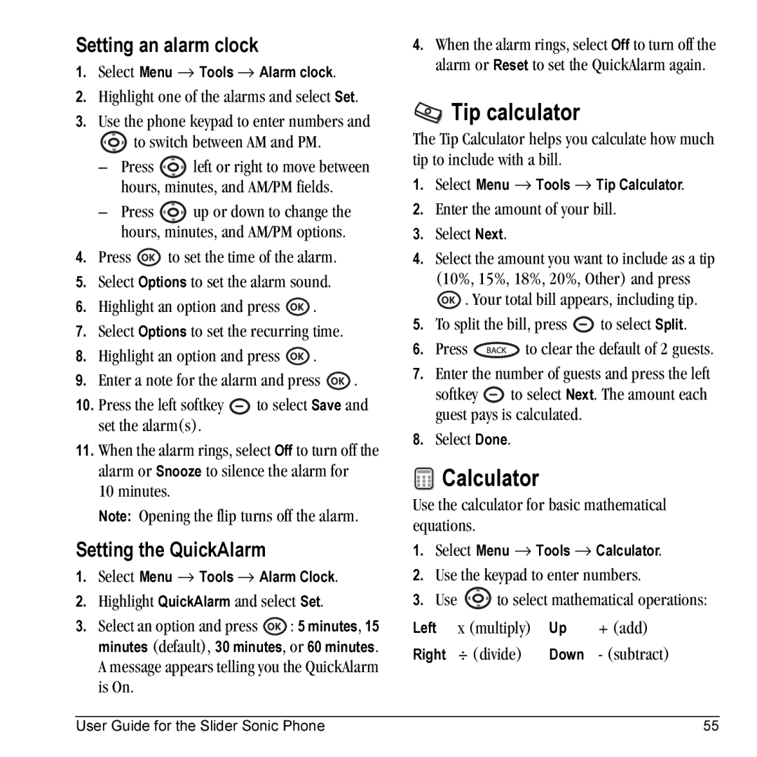 Kyocera VMKX5C manual Tip calculator, Calculator, Setting an alarm clock, Setting the QuickAlarm 