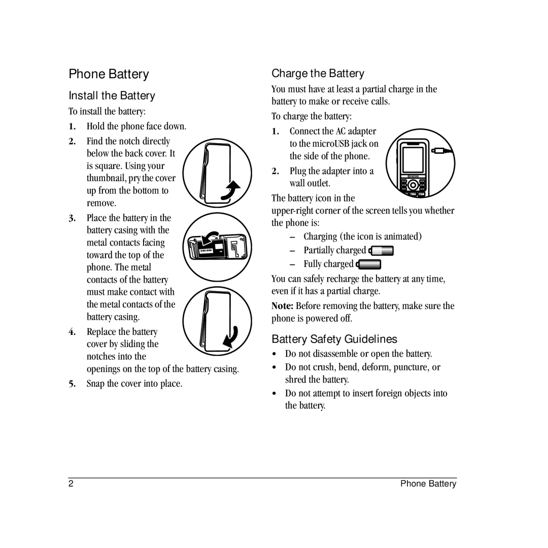 Kyocera VMS130 manual Phone Battery, Install the Battery, Charge the Battery, Battery Safety Guidelines 