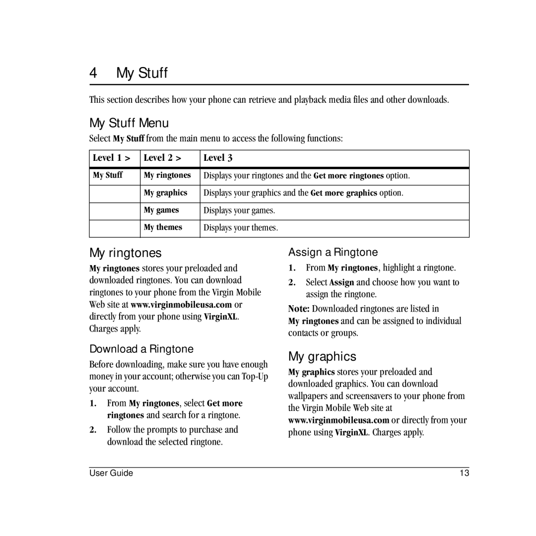 Kyocera VMS130 manual My Stuff Menu, My ringtones, My graphics 