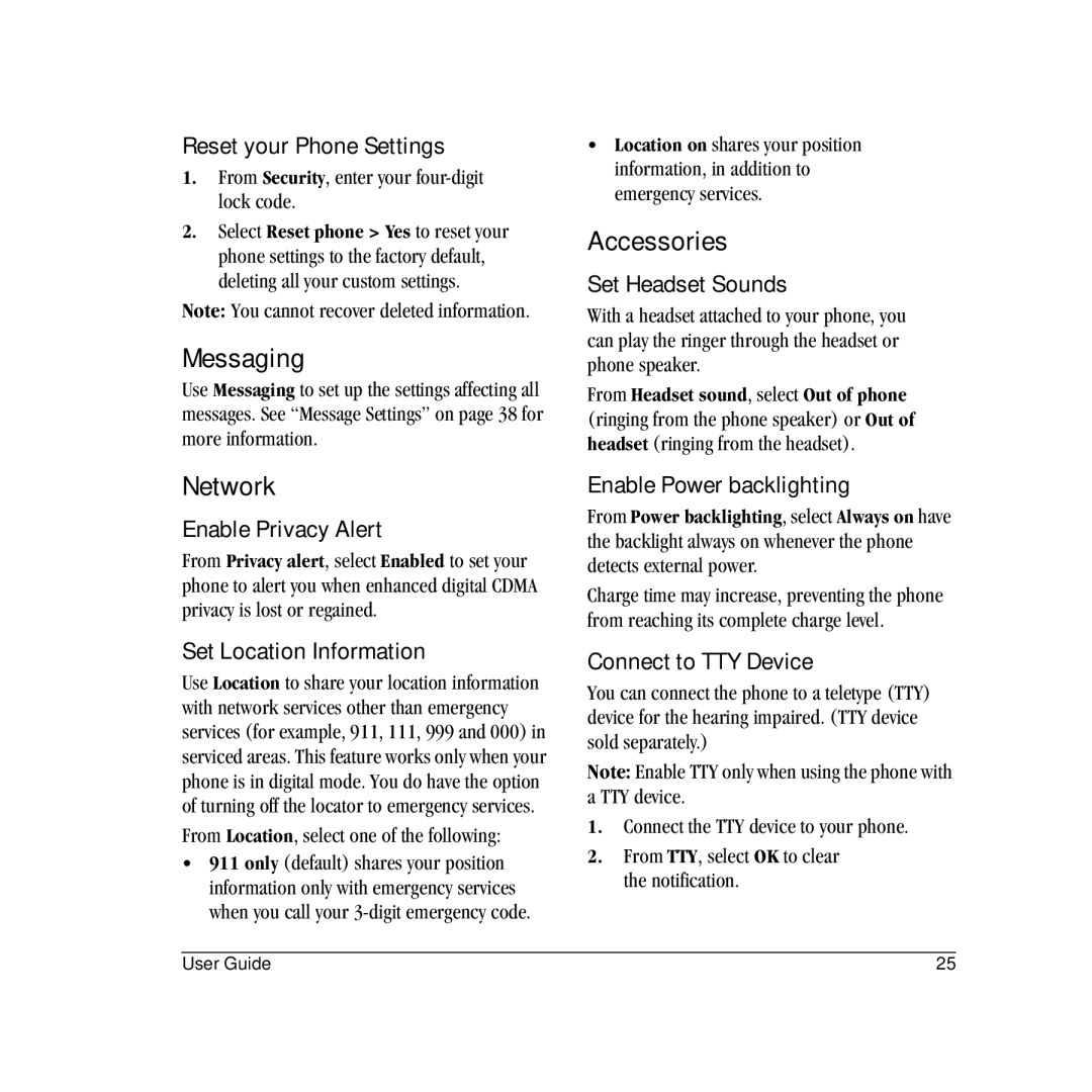 Kyocera VMS130 manual Messaging, Network, Accessories 