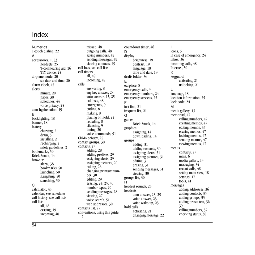 Kyocera VMS130 manual Index, Numerics 