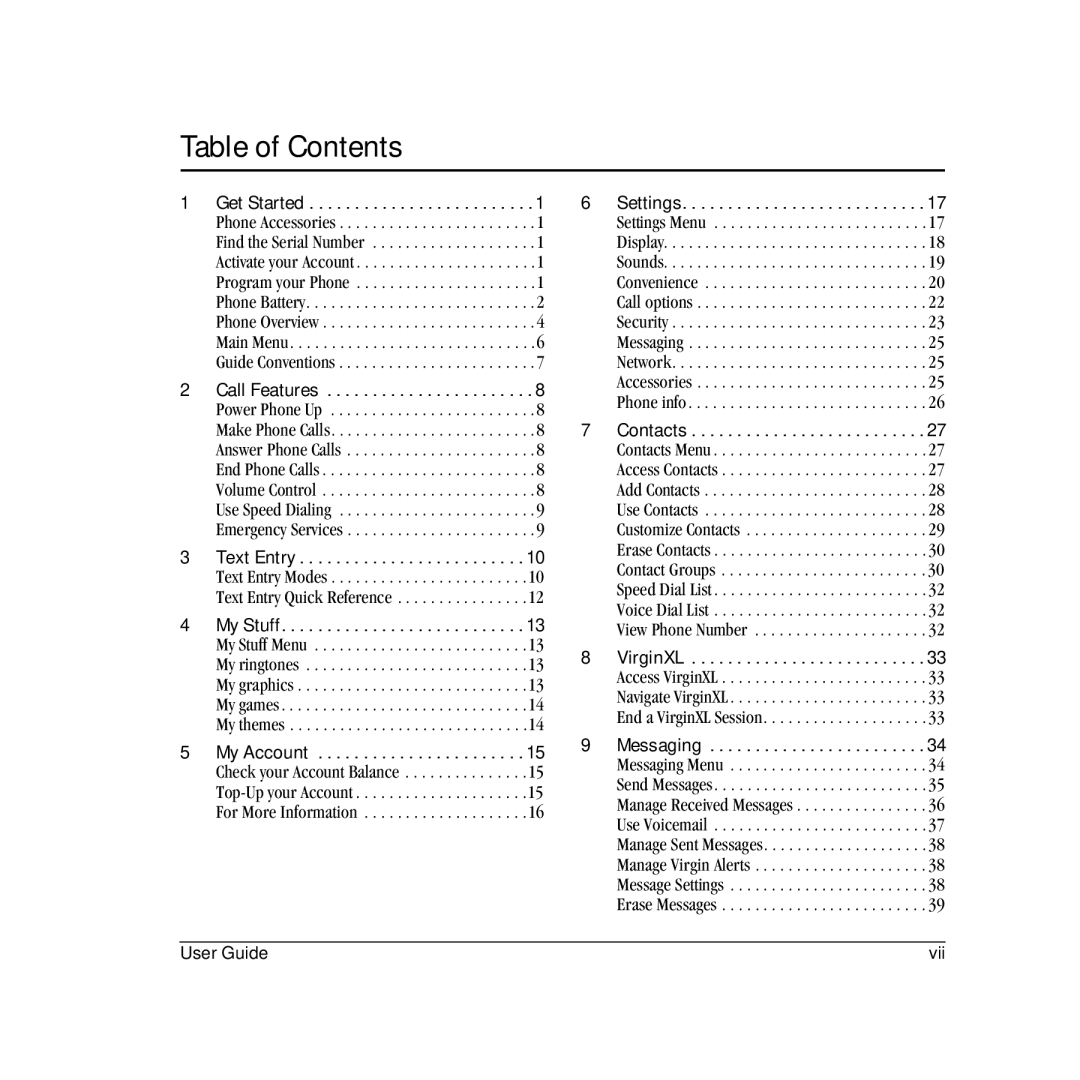 Kyocera VMS130 manual Table of Contents 