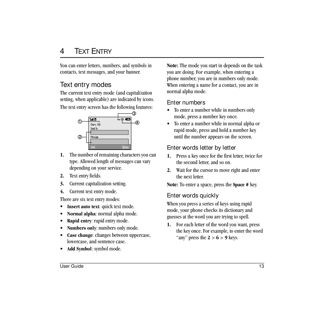 Kyocera VMS200 manual Text entry modes, Text Entry, Enter numbers, Enter words letter by letter, Enter words quickly 