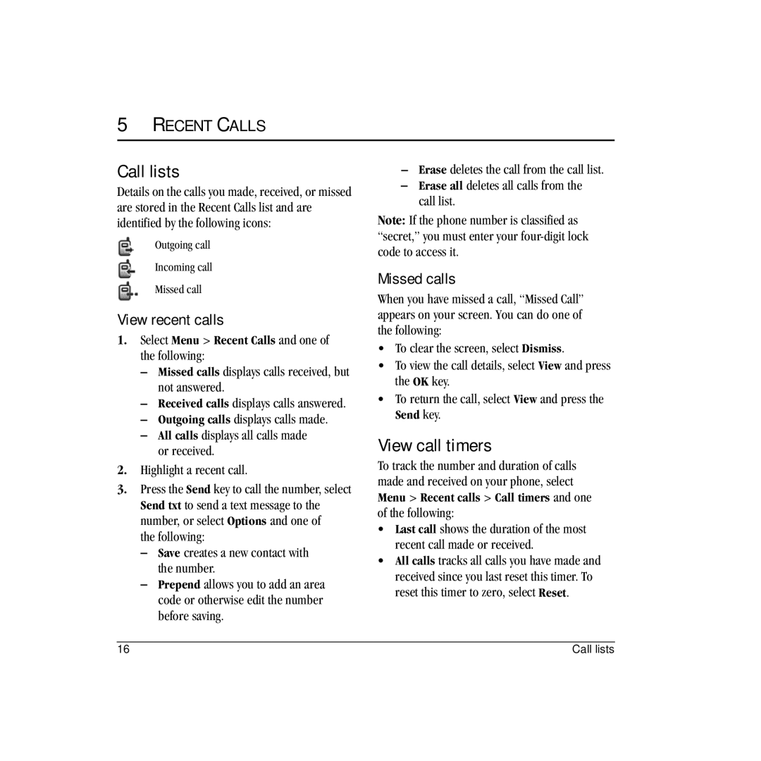 Kyocera VMS200 manual Call lists, View call timers, Recent Calls, View recent calls, Missed calls 