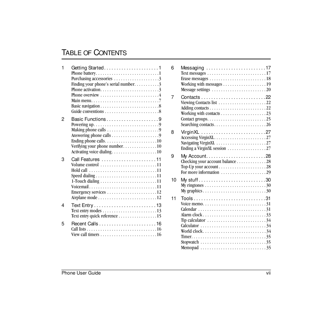 Kyocera VMS200 manual Table of Contents 