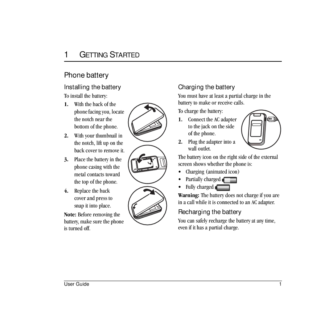 Kyocera VMS200 manual Phone battery, Getting Started, Installing the battery, Charging the battery, Recharging the battery 