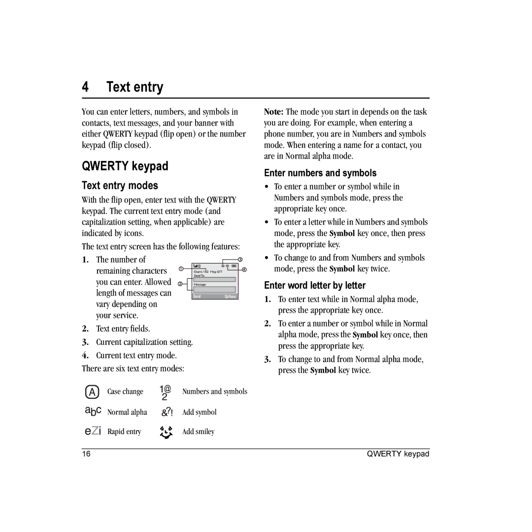 Kyocera Wild Card manual Qwerty keypad, Text entry modes, Enter numbers and symbols, Enter word letter by letter 