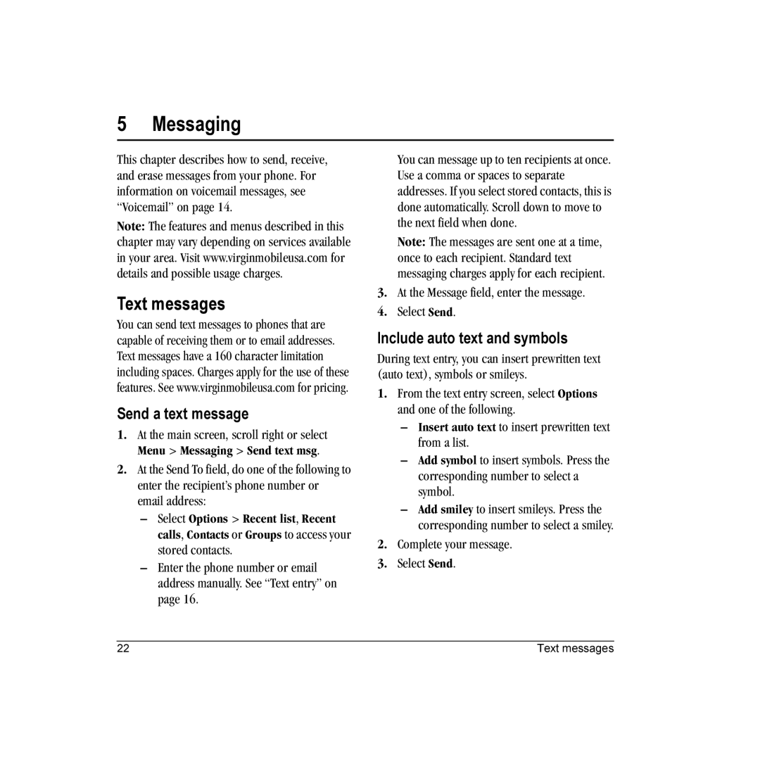 Kyocera Wild Card manual Messaging, Text messages, Send a text message, Include auto text and symbols 